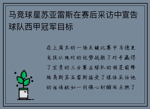 马竞球星苏亚雷斯在赛后采访中宣告球队西甲冠军目标